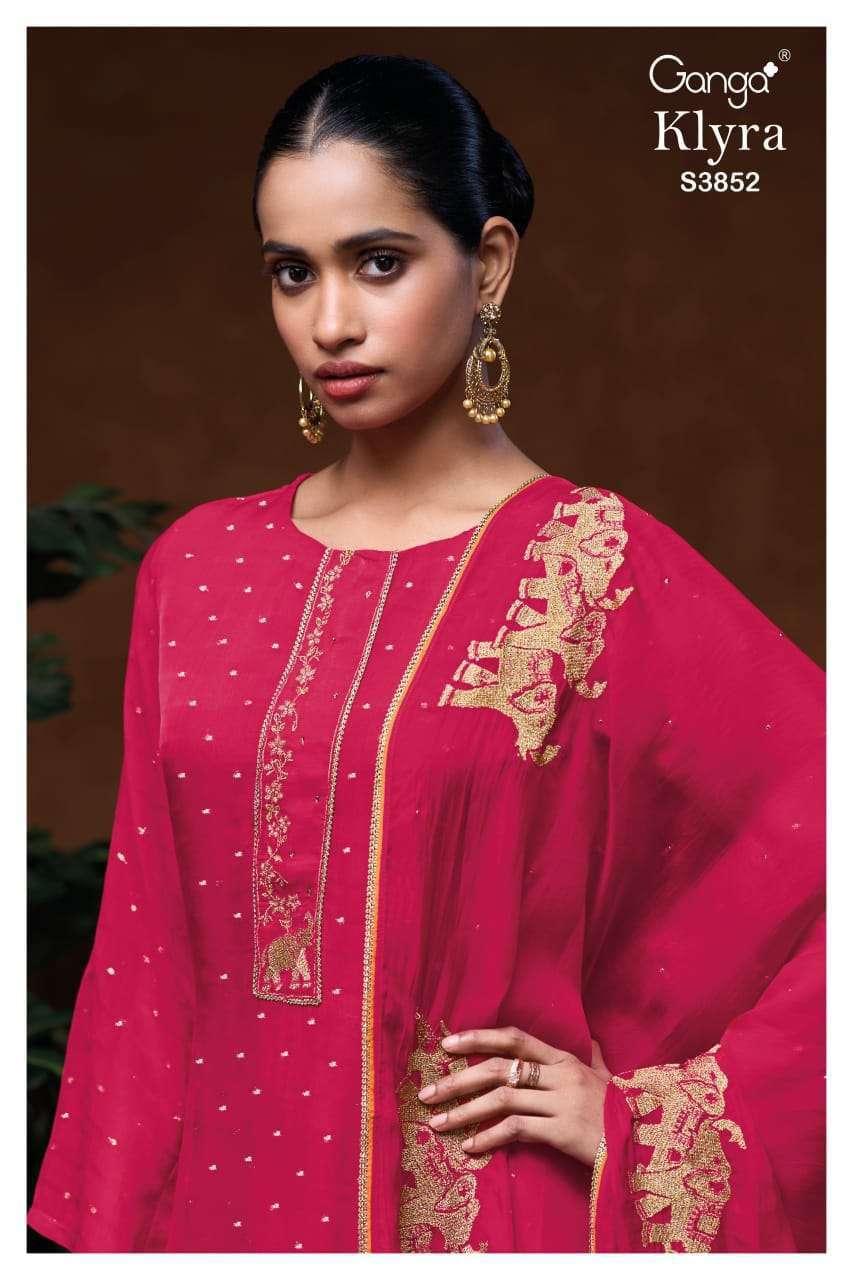 klyra 3852 by ganga exclusive embroidered organza silk salwar kameez wholesale price surat
