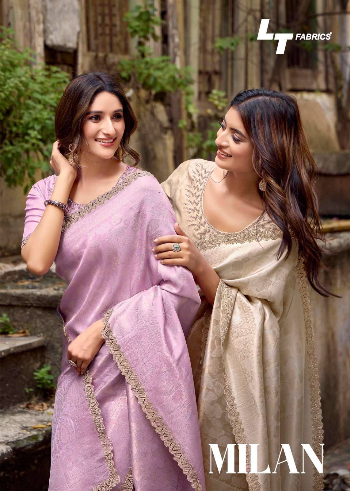 milan by lt fashion 101-104 series fancy embroidered weaving satin saree wholesale price surat