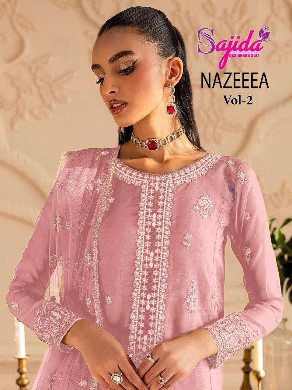 nazeeea vol-2 by sajida exclusive designer embroidered organza salwar suit wholesale price surat