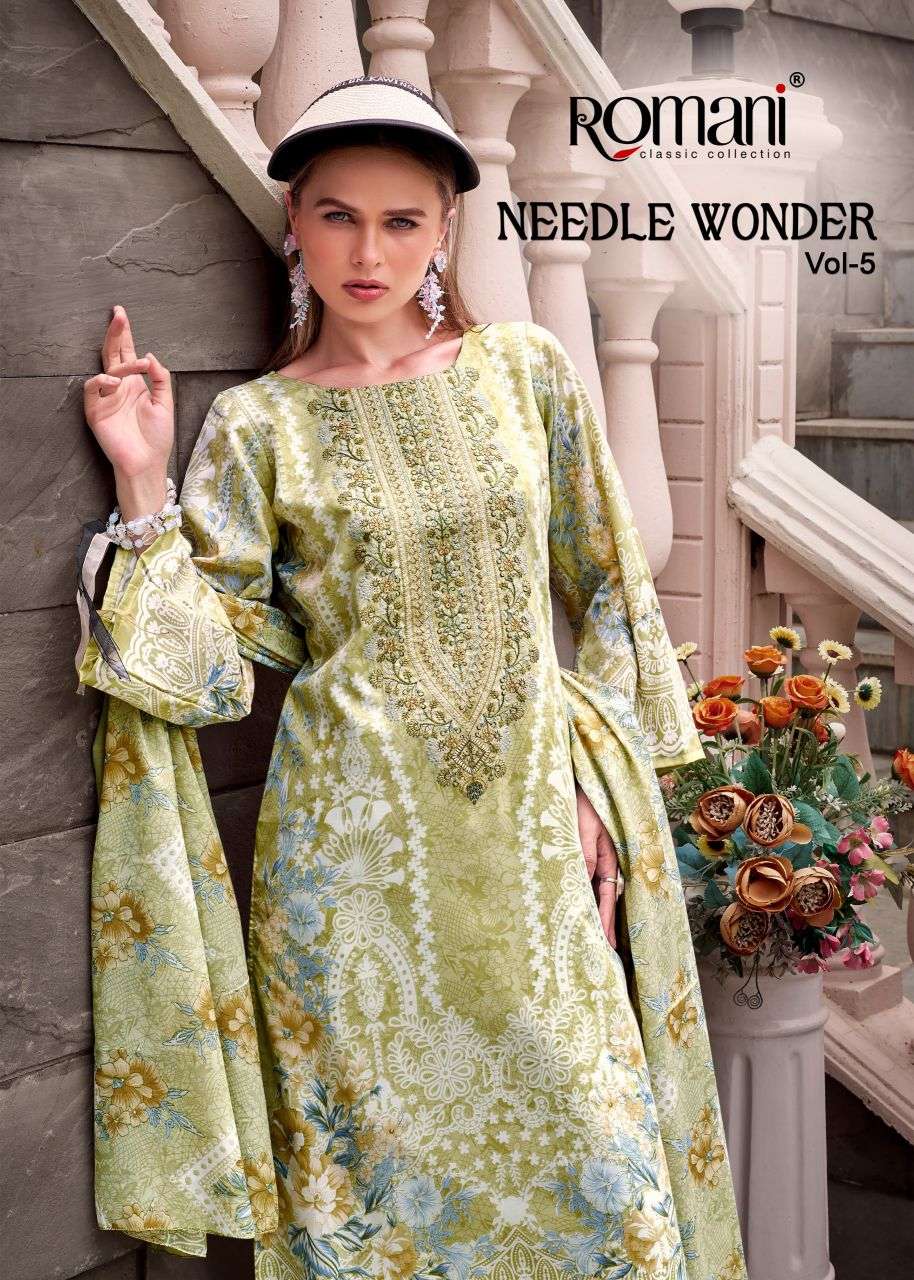 needle wonder vol-5 by romani heavy embroidered soft cotton salwar kameez wholesale price surat