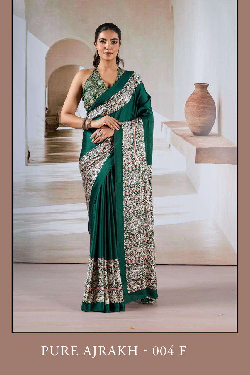 pure ajrakh-004 by rajtex exclusive designer ajrakh printed modal satin saree supplier surat