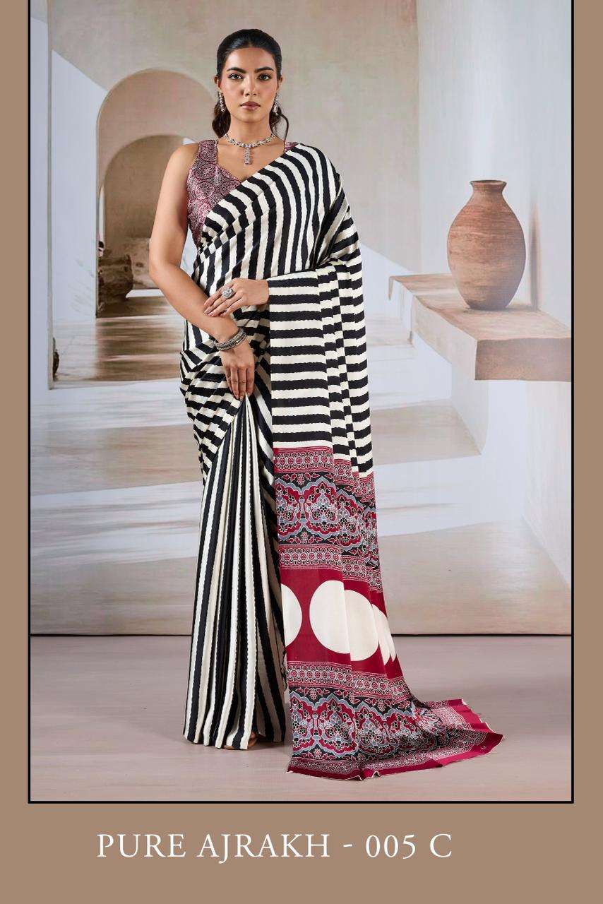 pure ajrakh-005 by rajtex casual wear ajrakh printed satin saree wholesale price surat