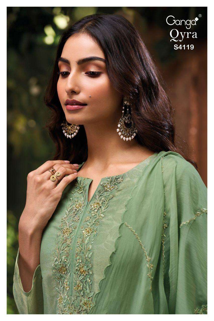qyra 4119 by ganga fancy work with embroidered bemberg silk salwar suit wholesale price surat
