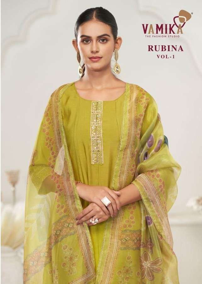 rubina vol-1 by vamika readymade kurti in  Heavy Viscos Roman Silk With Hand Work wholesale price in surat