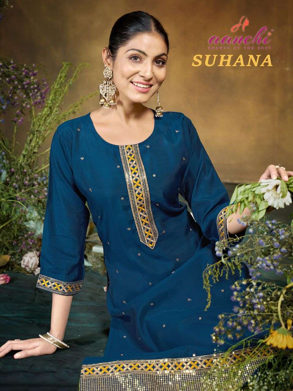 suhana by aanchi exclusvie designer roman silk stright cut embroidered kurti wholesale price surat
