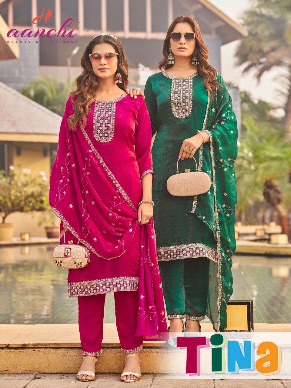 tina by aanchi latest designer party wear satin readymade salwar kameez wholesale price surat
