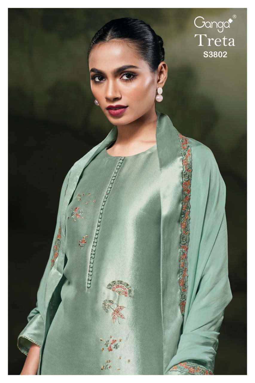 treta 3802 by ganga exclusive embroidered bemberg silk salwar suit wholesale dealer surat