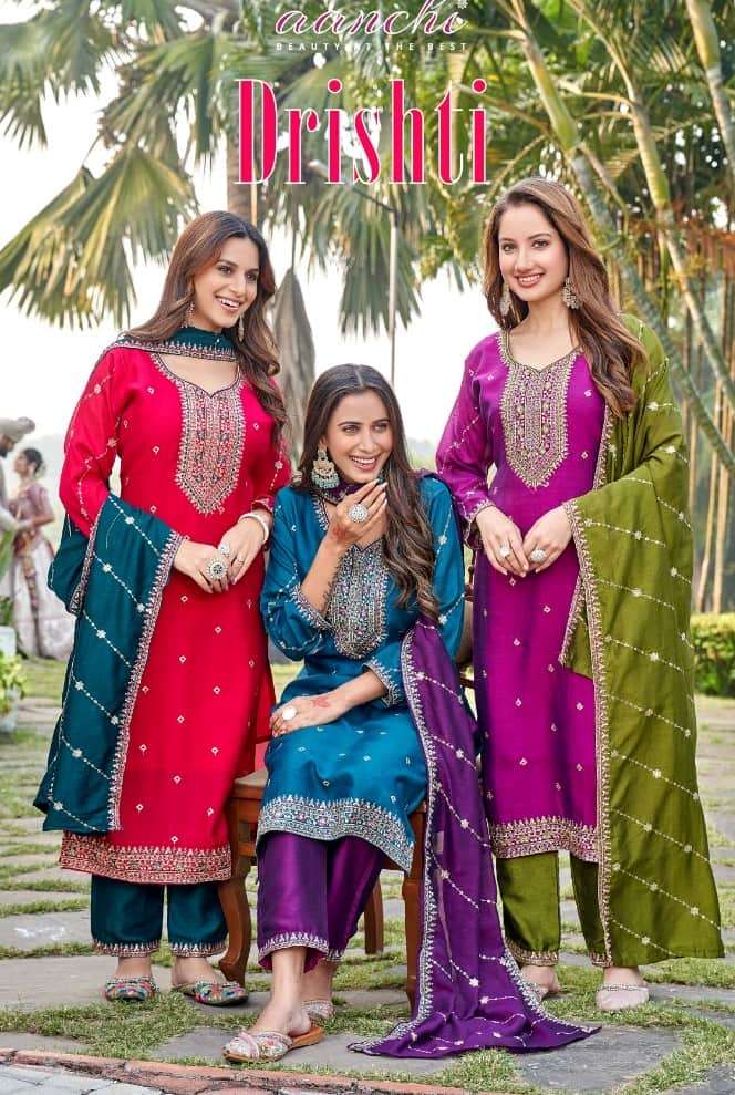 drishti by aanchi vichitra silk fancy designer look neck embroidered salwar kameez supplier surat