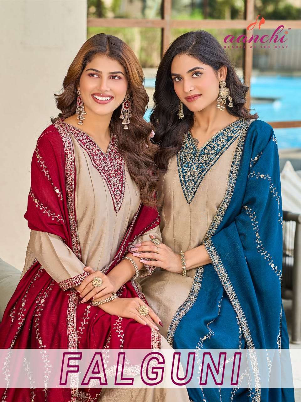 falguni by aanchi exclusive designer vichitra silk readymade salwar kameez wholesale price surat