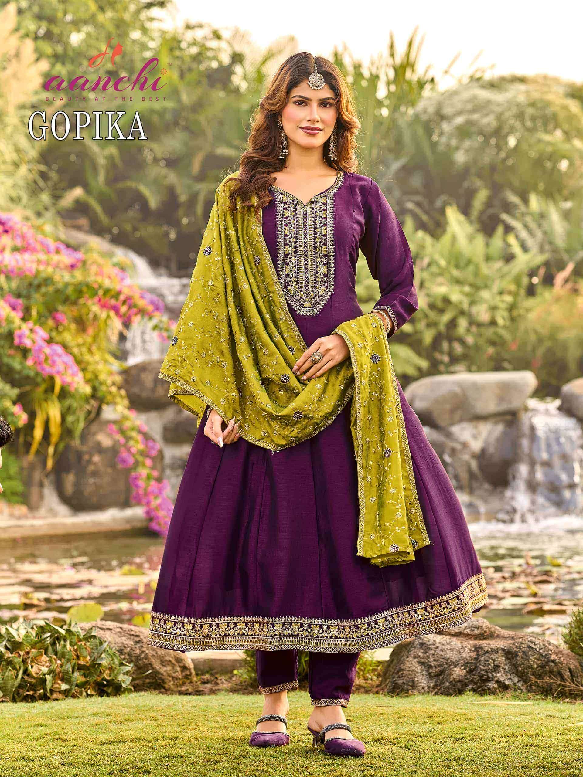 gopika aanchi vichitra silk wholesale flared anarkali readymade salwar kameez supplier surat