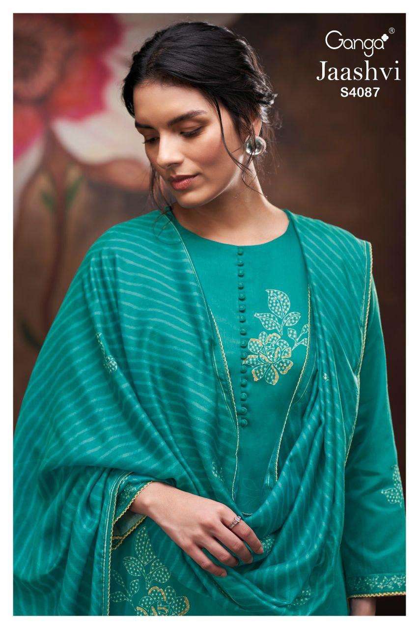 jaashvi 4087 by ganga hand embroidered cotton satin designer sakwar kameez wholesale price surat