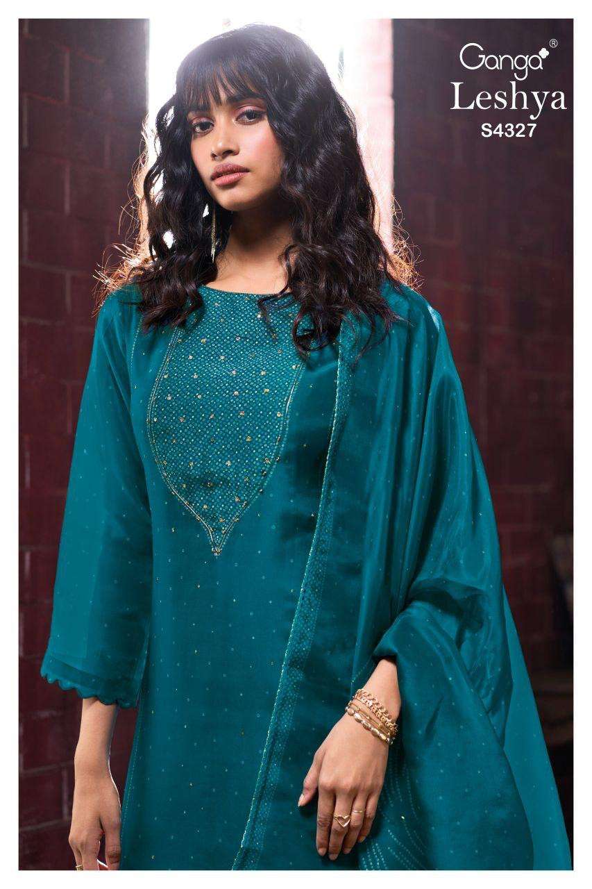 leshya 4327 by ganga exclusive designer bemberg silk with fancy work salwar kameez wholesale price surat