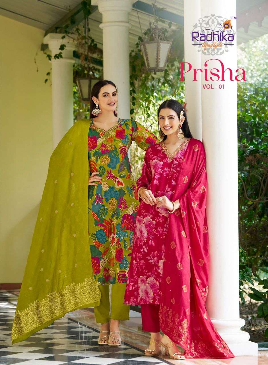 prisha vol-1 by radhika lifestyle party wear designer readymade salwar kameez wholesale price surat
