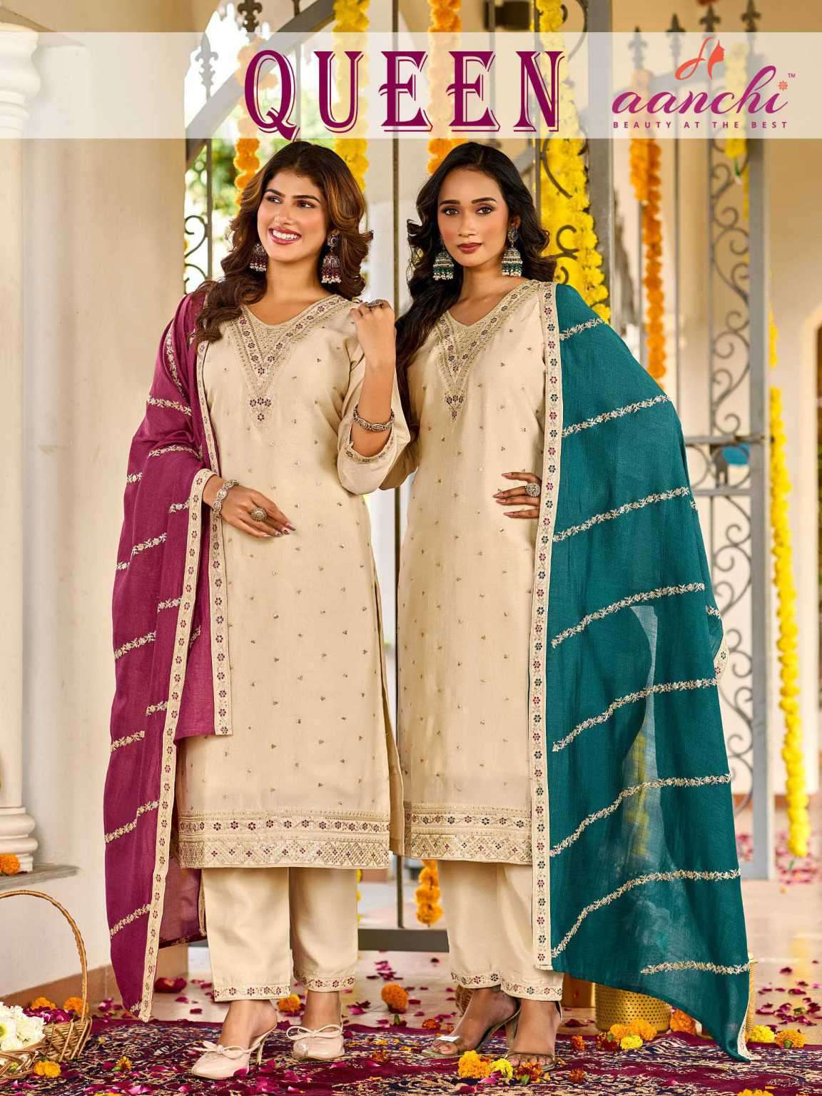 queen by aanchi exclusive designer fancy work vichitra silk readymade salwar kameez wholesale price surat