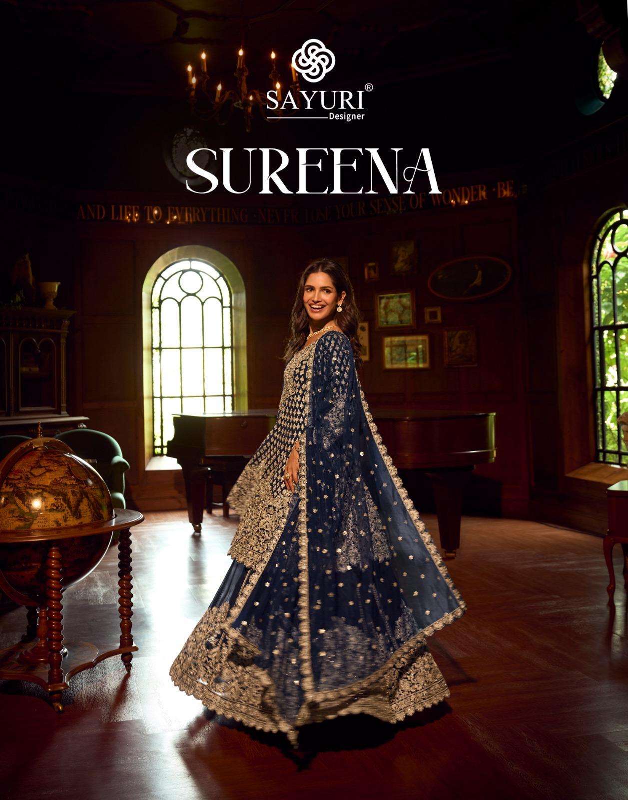 sureena by sayuri designer 10145-10147 series heavy embroidered mirrror work georgette readymade collection buy wholesale dealer surat