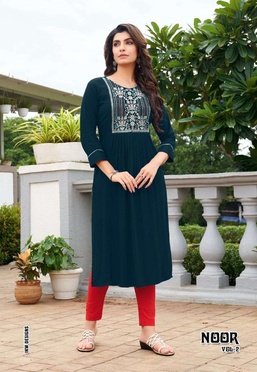 ikw noor vol-2 001-008 series designer reyon viscose kurti 7 pcs catalogue in surat 