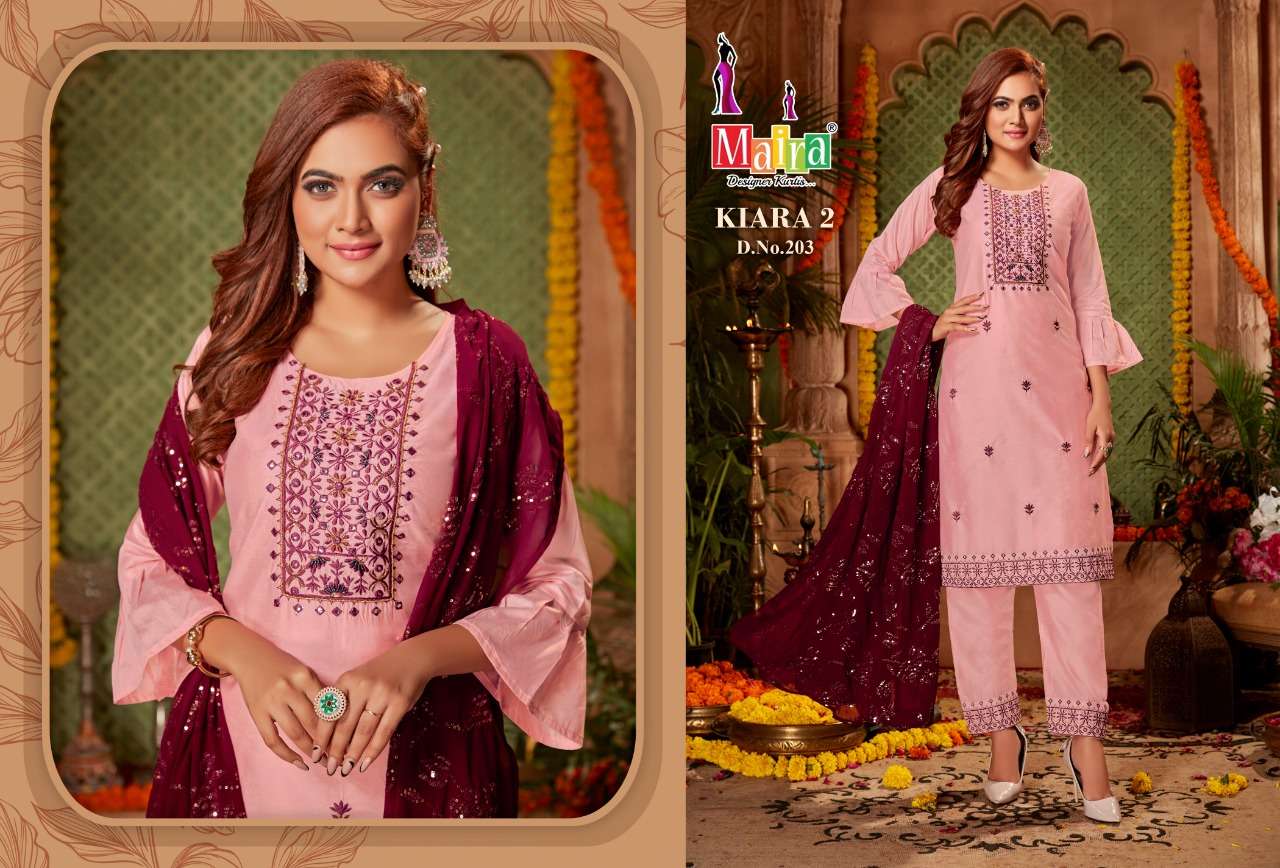 maira kiara vol-2 201-208 series bombay silk stich suits launching new catalogue wholesaler surat 