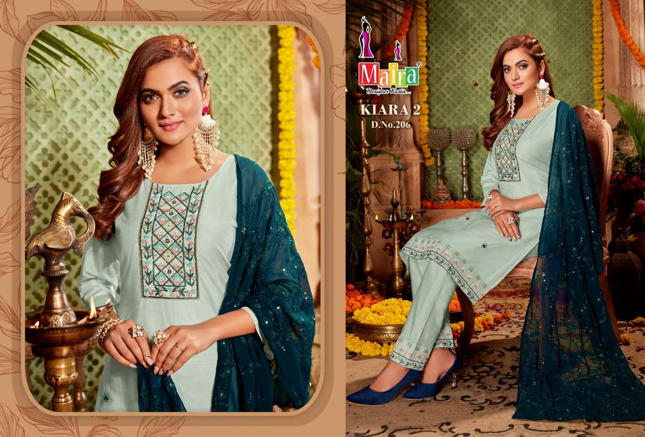 maira kiara vol-2 201-208 series bombay silk stich suits launching new catalogue wholesaler surat 