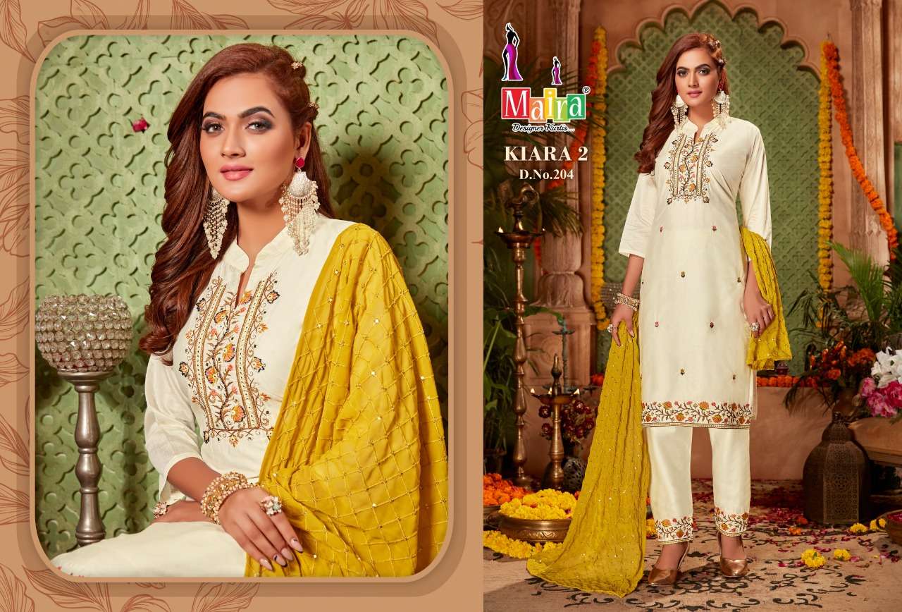 maira kiara vol-2 201-208 series bombay silk stich suits launching new catalogue wholesaler surat 