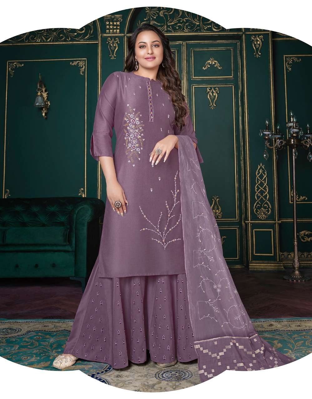 Georgette Base Purple Color Embroidered Palazzo Suit With Sequins Work