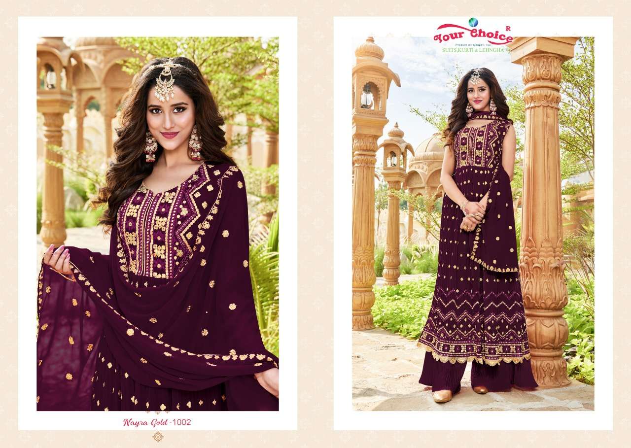 nayra gold by your choice blooming georgette designer party wear salwar suits catalogue new collection 