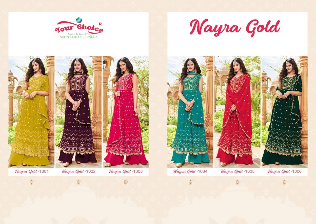 nayra gold by your choice blooming georgette designer party wear salwar suits catalogue new collection 