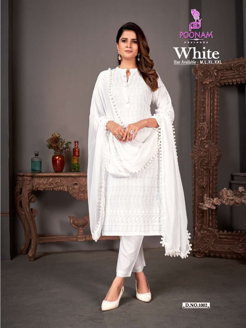 white by poonam designer exclusive designer kurti pant with dupatta catalogue 