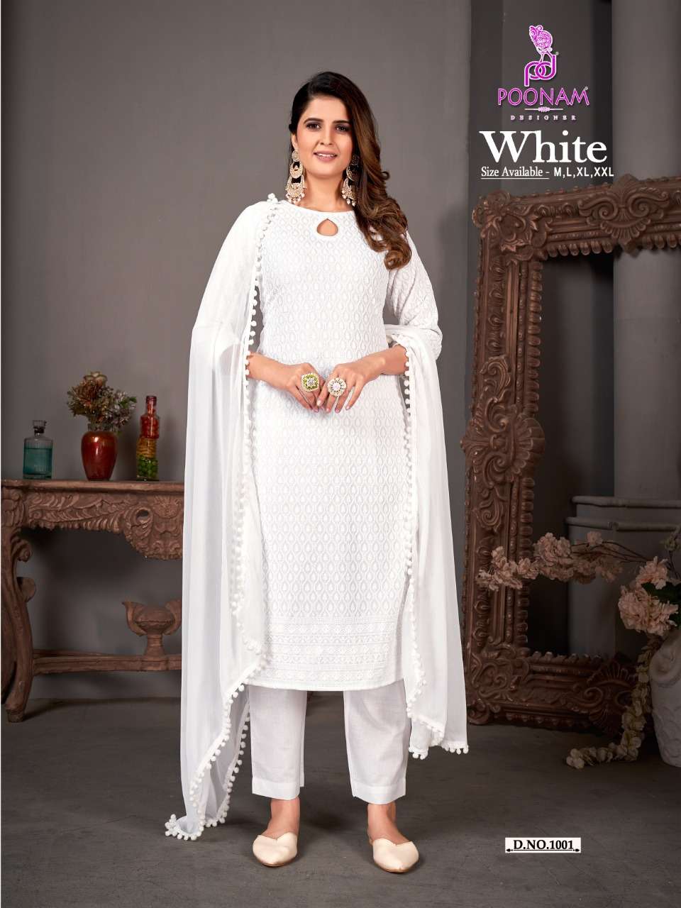 white by poonam designer exclusive designer kurti pant with dupatta catalogue 