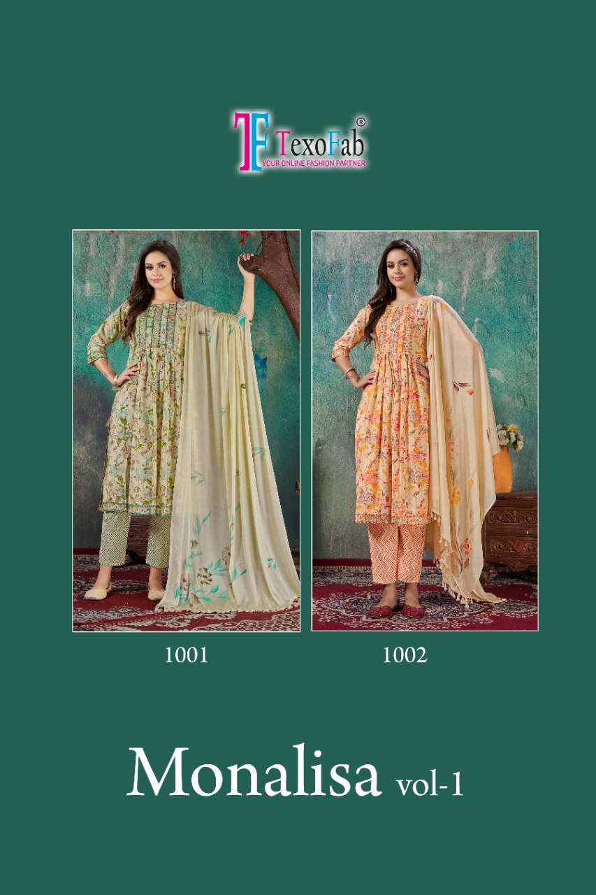 monalisa vol-1 by texofab unstich designer top bottom dupatta catalogue wholesaler surat