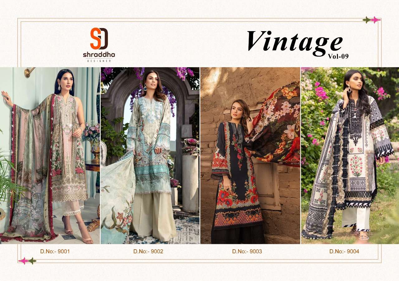 vintage vol-9 by shraddha designer lawn cotton pakistani salwar suits wholesaler surat