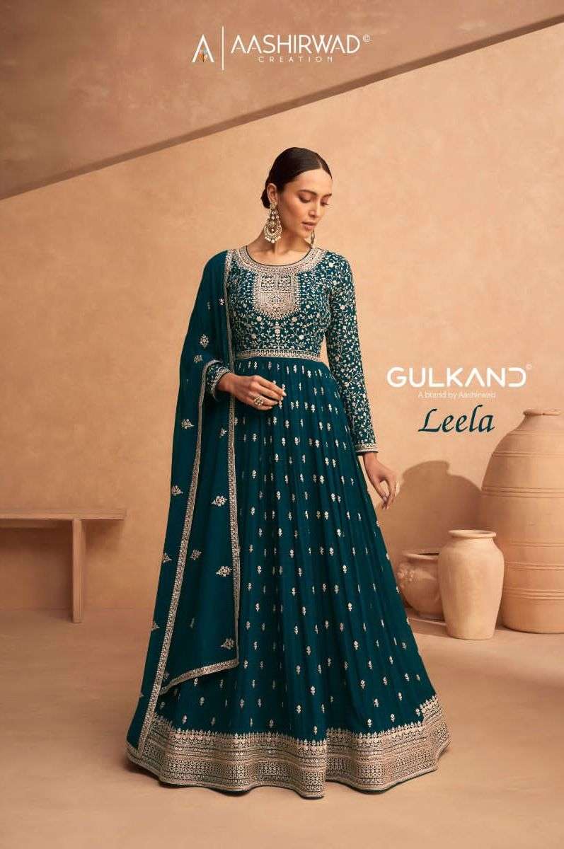 leela by aashirwad creation real georgette designer party wear gown with dupatta latest catalogue 