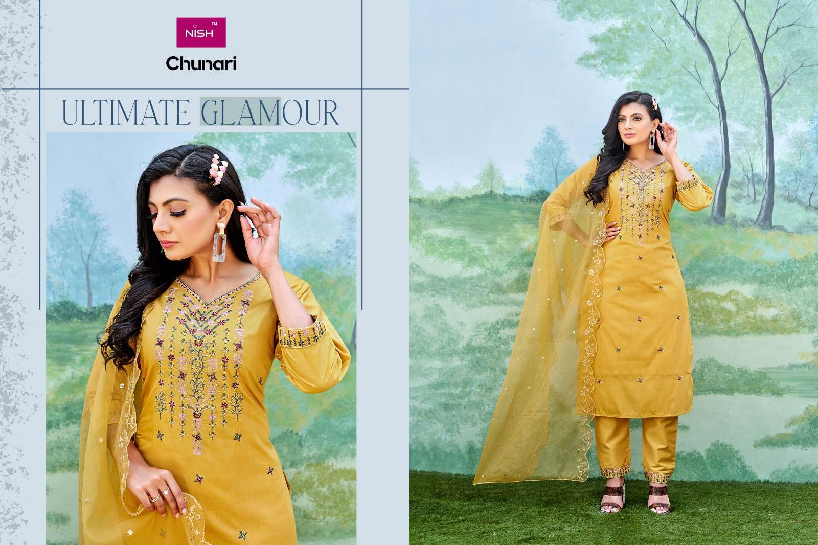 chunari by nish stylish designer top bottom with dupatta new catalogue surat