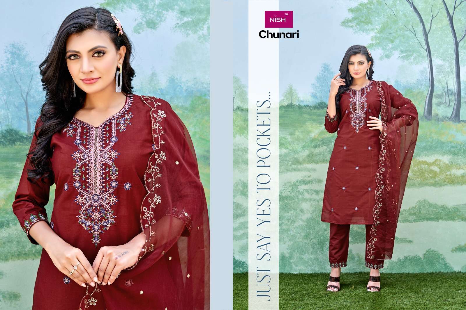 chunari by nish stylish designer top bottom with dupatta new catalogue surat