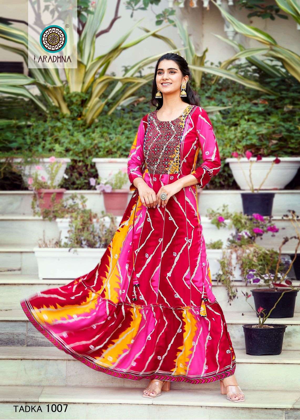 fashion tadka vol-1 by aradhna shibori rayon print with embroidery work designer kurtis latest catalogue surat