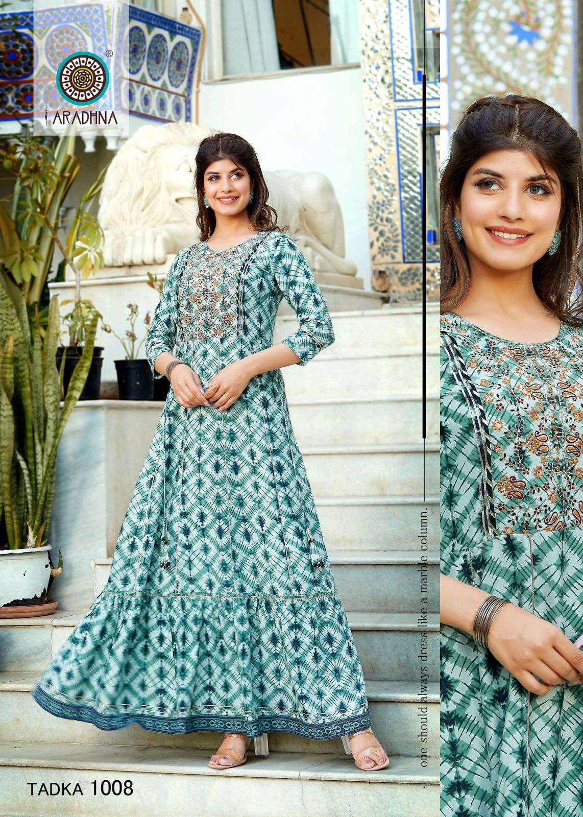 fashion tadka vol-1 by aradhna shibori rayon print with embroidery work designer kurtis latest catalogue surat