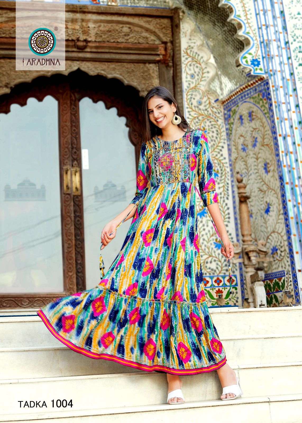 fashion tadka vol-1 by aradhna shibori rayon print with embroidery work designer kurtis latest catalogue surat