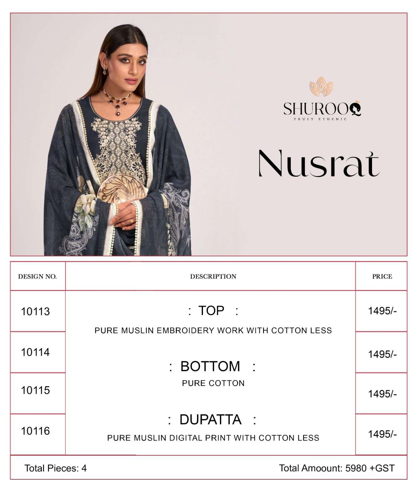 nusrat by shurooq exclusive designer top bottom with dupatta catalogue online dealer surat 