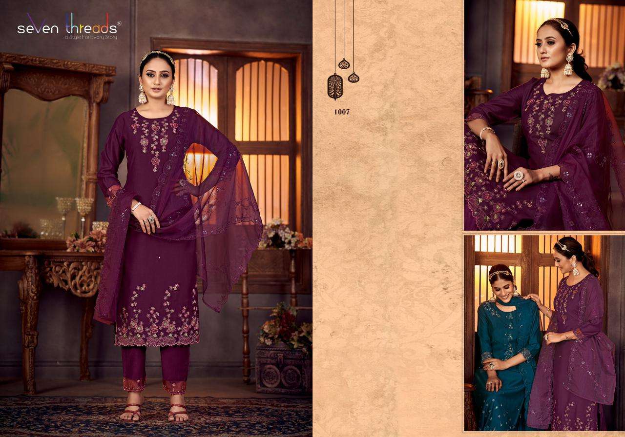 seven threads gulmohar 1001-1007 series designer viscose silk stich kurti pant set catalogue best price surat