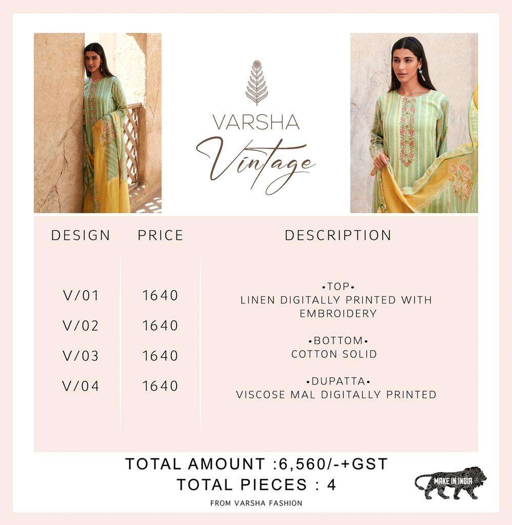vintage catalogue by varsha fashion linen digital printed fancy designer wear dress material collection surat