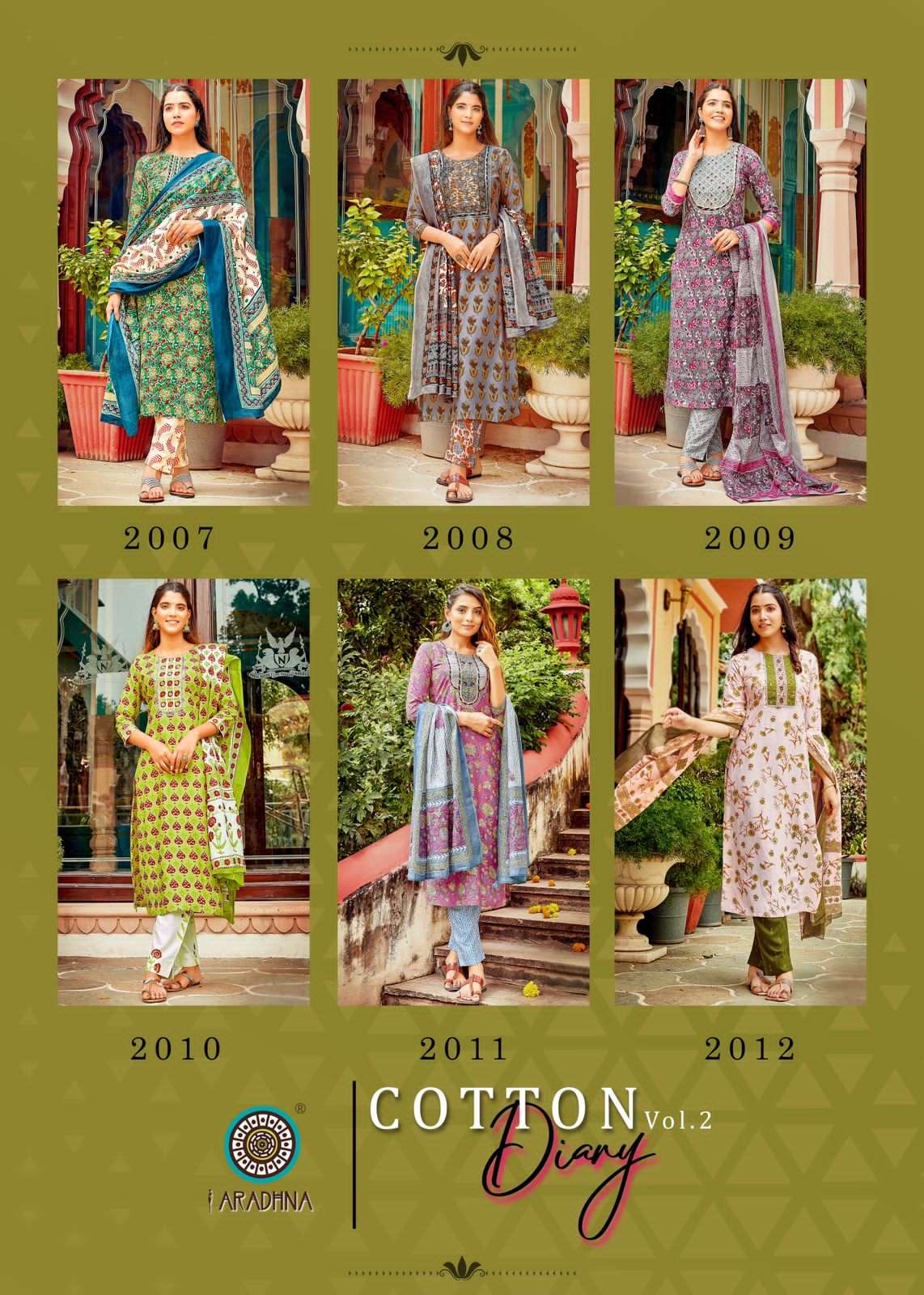 cotton diary vol-2 by aradhna fancy designer kurti pant with dupatta catalogue online dealer surat 