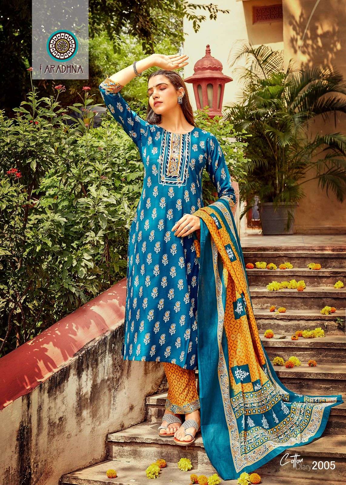 cotton diary vol-2 by aradhna fancy designer kurti pant with dupatta catalogue online dealer surat 