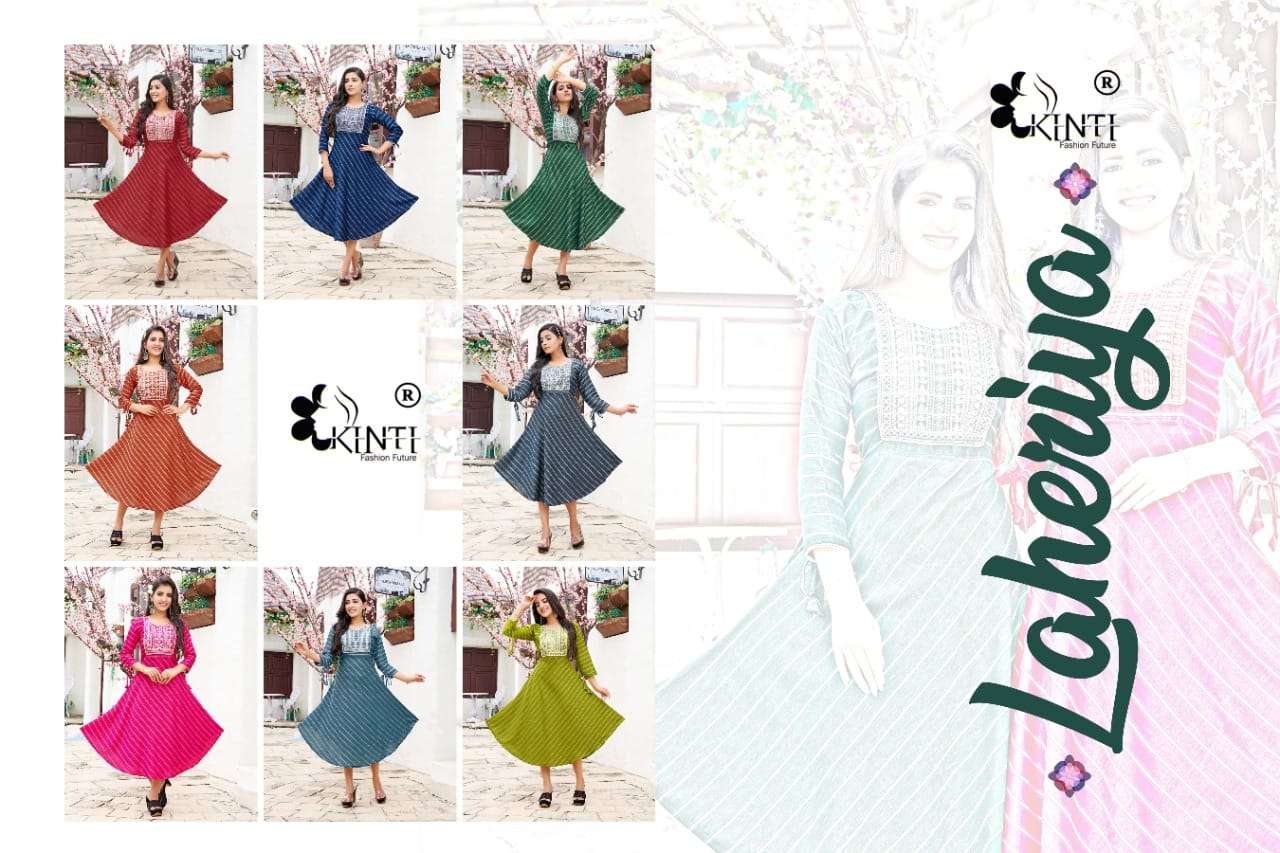 kinti fashion laheriya umbrella cut designer kurtis catalogue online suppplier surat 