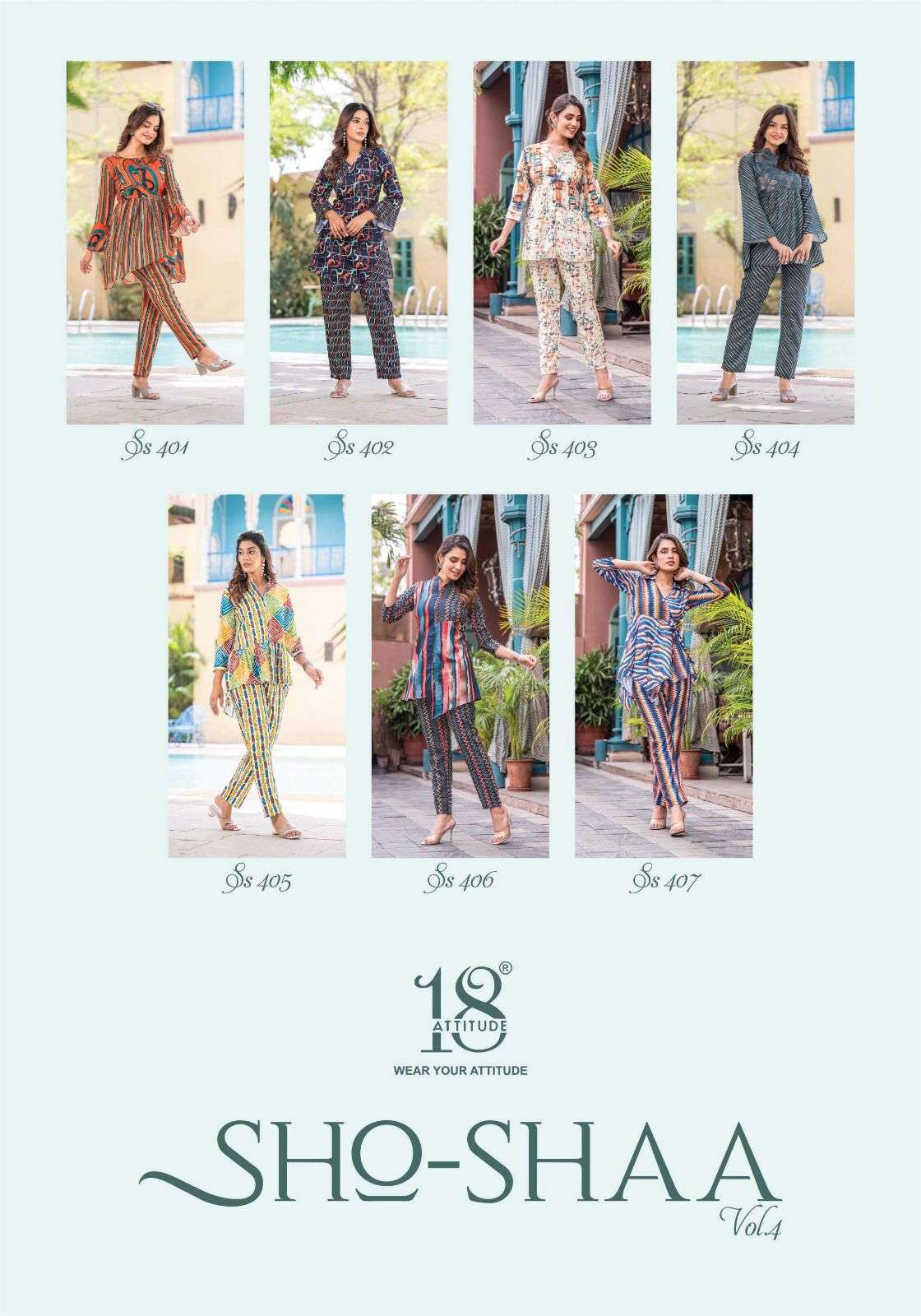 18 attitude sho-shaa vol 4 401-407 series designer cotton digital cord set collection wholesale price surat 