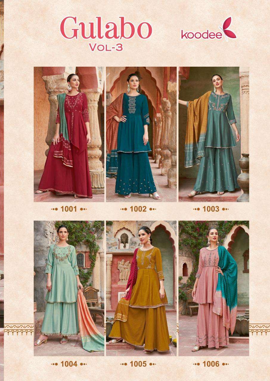 KOODEE PRESENTS GULABO VOL-3 1001 TO 1006 SERIES CHINON EMBROIDERY WORK  STITCHED SALWAR SUITS COLLECTION AT WHOLESALE PRICE 7110