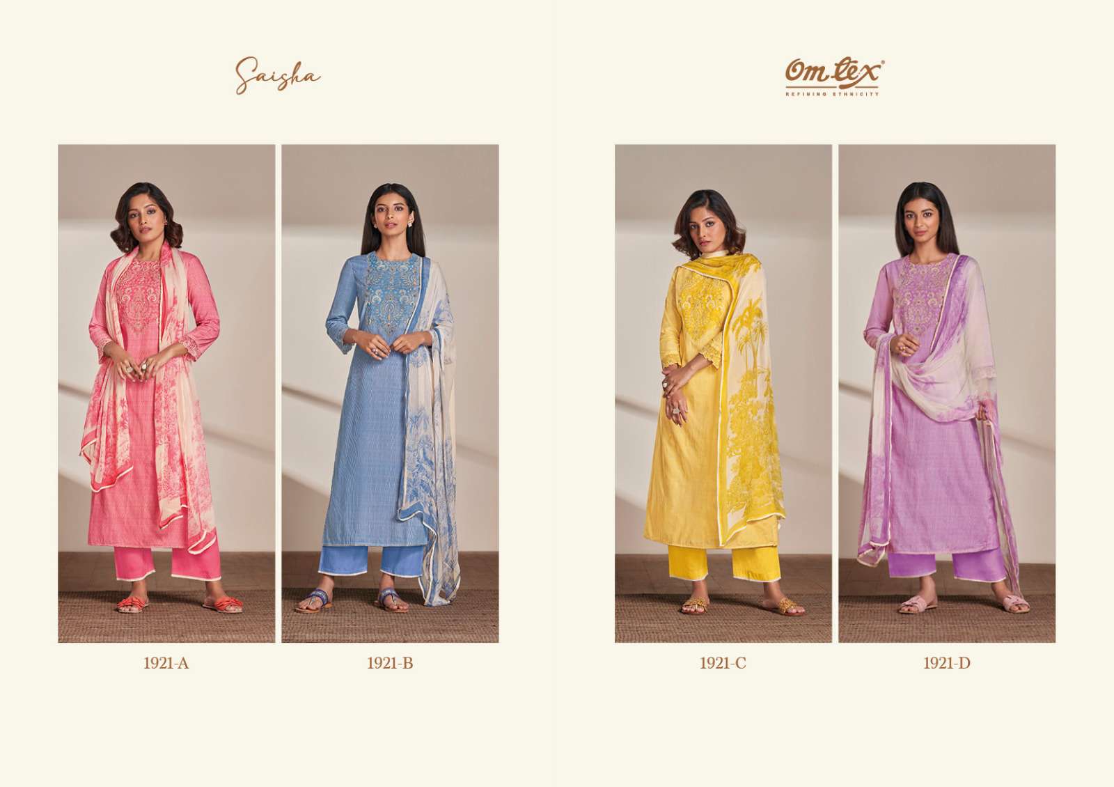 saisha by om tex stylish look designer top bottom with dupatta catalogue wholesale price surat 