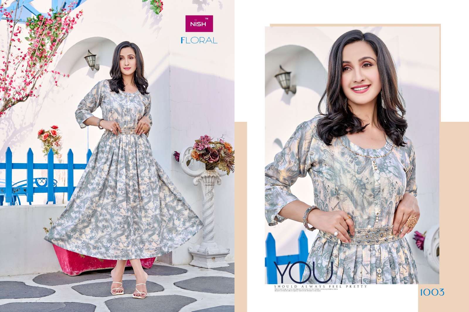 nish floral fancy look designer long kurtis catalogue online supplier surat