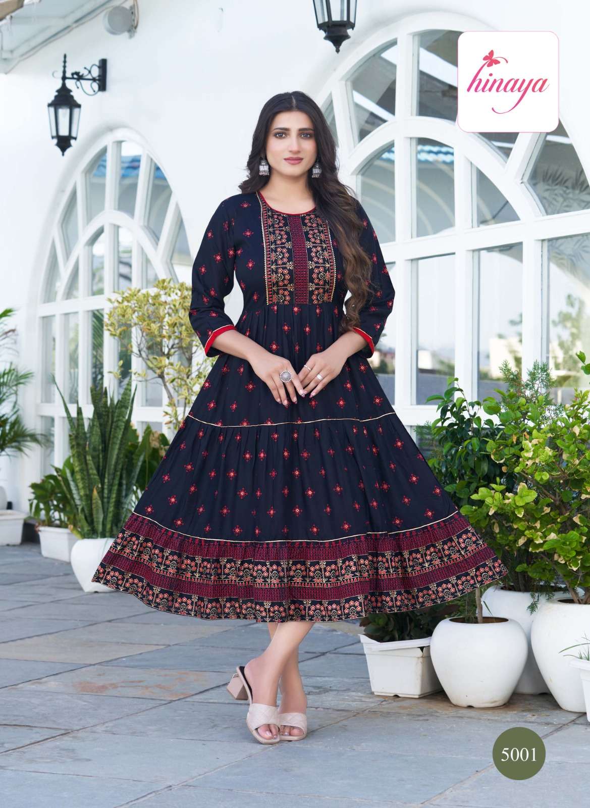rashi vol-5 by hinaya trendy long rayon flaired kurtis catalogue collection 2023 