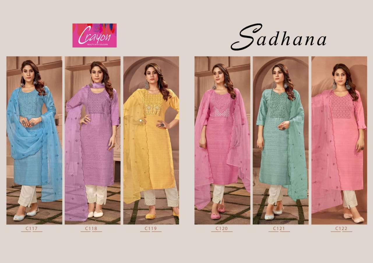 sadhana by crayon exclusive designer kurtis catalogue online supplier surat