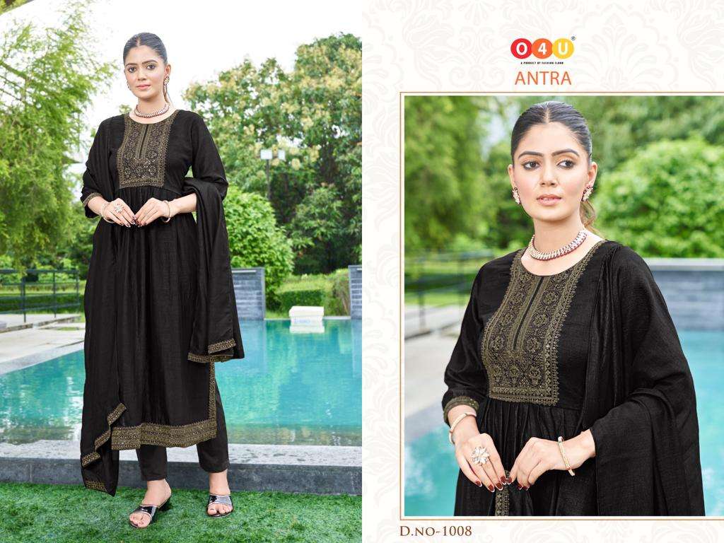 antra 1001-1008 series by o4u trendy designer top bottom with dupatta catalogue wholesale surat