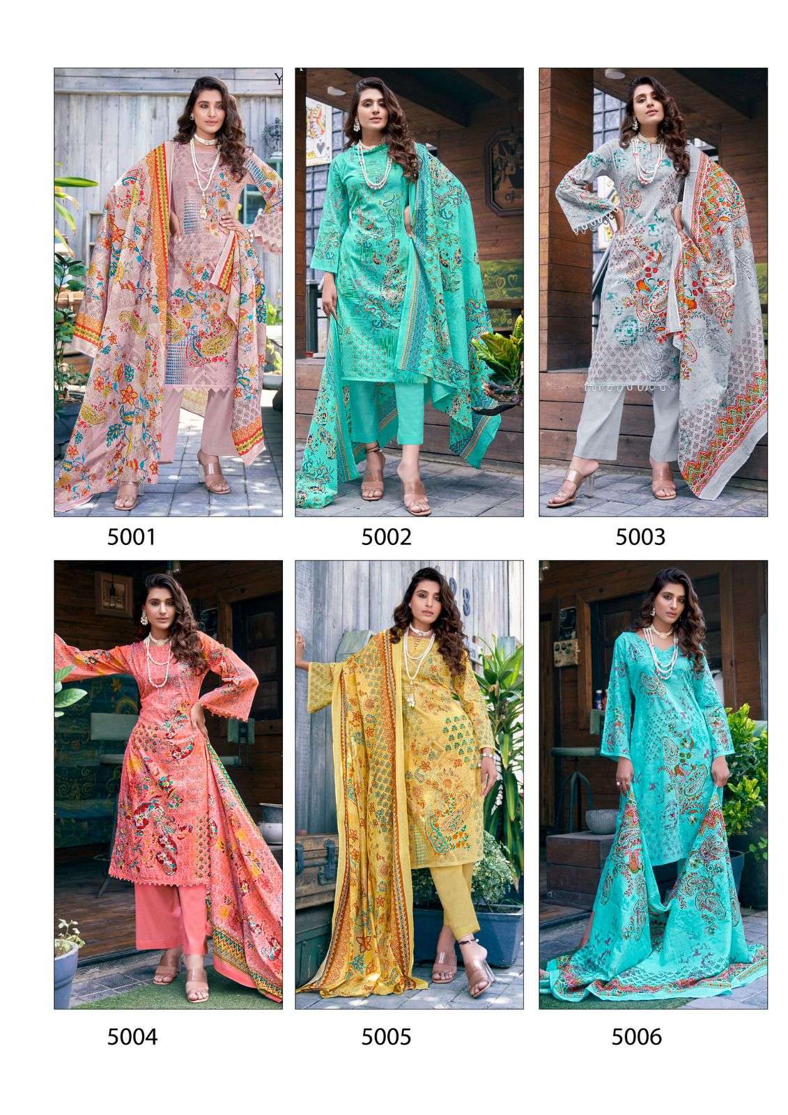 bin saeed mahnoor vol-5 5001-5008 series by yashika trends pure lawn designer pakistani salwar suits catalogue design 2023